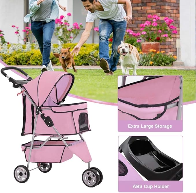 BestPet 3 Wheels Pet Dog Stroller Cat Cage for Medium Small Dogs Cats Travel Folding Carrier Waterproof Puppy Stroller with Cup Holder & Removable Liner,Pink