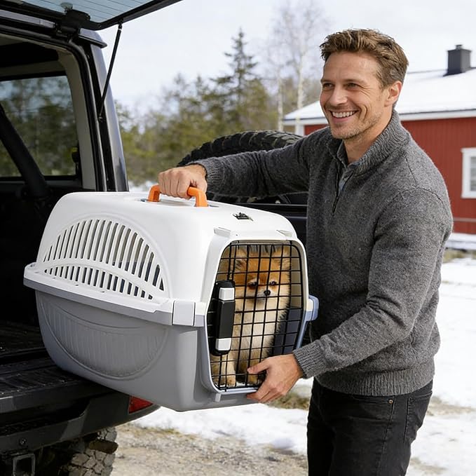 Dog and Cat Kennel Hard Sided, Pet Carrier for Mini Dogs and Cats, Portable Crate with Steel Wire Door, Water Bowl and Urine Separator for Car, Airplane, Outdoor (Grey)
