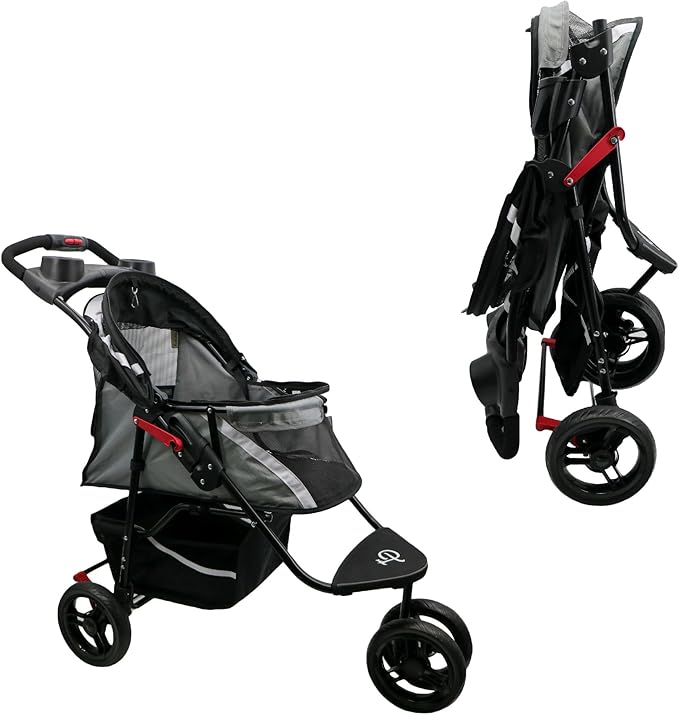 Petique Revolutionary Durable Pet Stroller, Easy Fold, Quality mesh Windows, Large Storage Basket, Secure Cup Holder Tray, Small/Medium Dogs, Cats and Pets, Supports up to 55LBS - Galaxy (Gray)