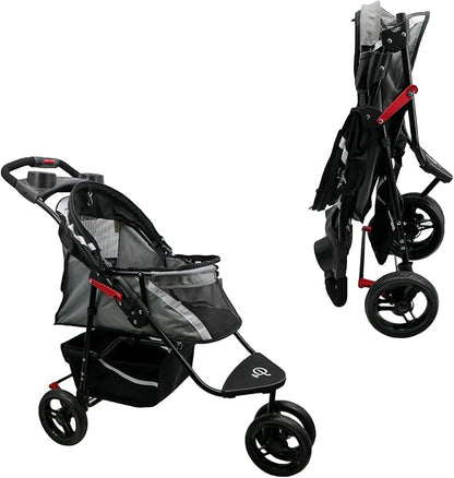 Petique Revolutionary Durable Pet Stroller, Easy Fold, Quality mesh Windows, Large Storage Basket, Secure Cup Holder Tray, Small/Medium Dogs, Cats and Pets, Supports up to 55LBS - Galaxy (Gray)