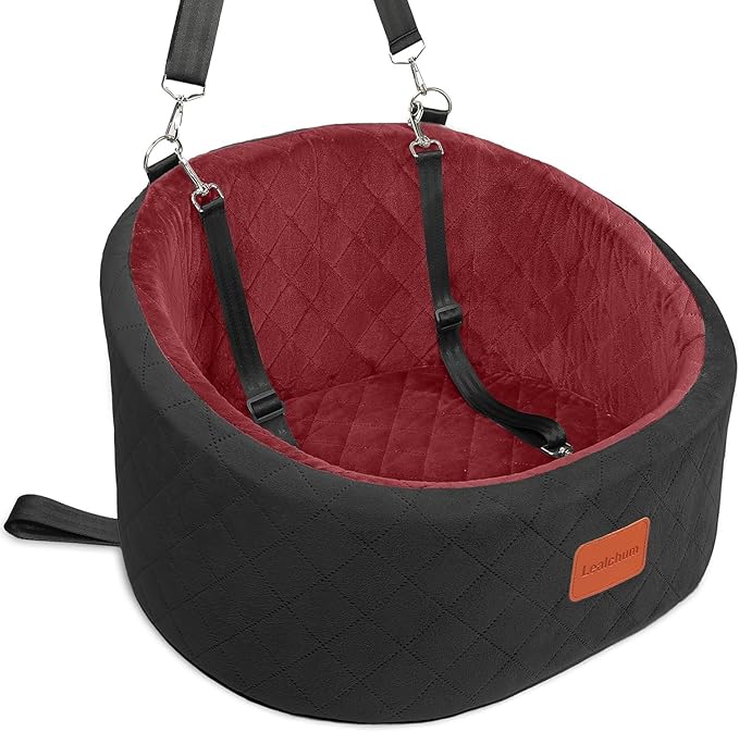 Lealchum Dog Car Seat for Small Dogs Up to 30 Lbs,Ultra Soft Fabric Fill in Comfy Memory Foam,Happy Pet Ride,2 Safety Dog Leashes,Fully Detachable and Washable,Anti Slip Base(Black/Red)