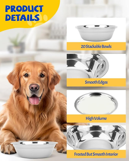 20 PCS Stainless Steel Dog Bowls, 32 Oz (4 Cups) Thickened Metal Dog Bowls for Multi Dogs Multi Cat Households or Kennels, Pet Replacement Bowl of Food and Water, Dishwasher Safe