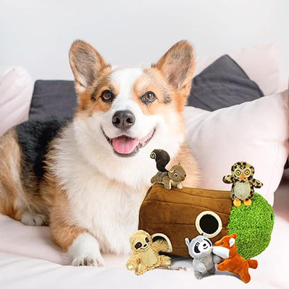 Hide and Seek Dog Puzzle Puppy Toys, Interactive Squeaky Plush, Stuffed Toys for Dogs (Sheep, Panda, Forest Animals) (Tree Hole Mix Large)