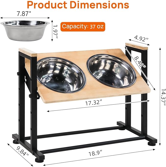 Adjustable Height Pet Feeder Stand with 2 Dishwasher-Safe Stainless Steel Bowls – Brown Wood Top & Black Metal Frame Elevated Food/Water Station for Dogs/Cats Under 100LBS