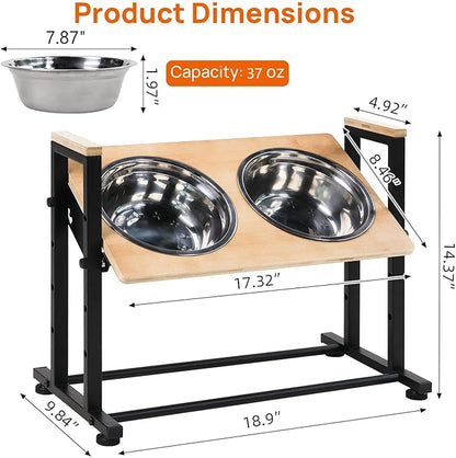 Adjustable Height Pet Feeder Stand with 2 Dishwasher-Safe Stainless Steel Bowls – Brown Wood Top & Black Metal Frame Elevated Food/Water Station for Dogs/Cats Under 100LBS