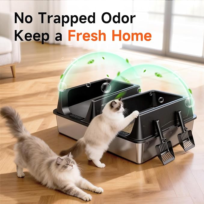 2 Pack XL Stainless Steel Litter Box with High Sides Shield for Multi Cat, Extra Large Tall Wall Open Top Deep Metal Pan for Big Cats, Anti-Leak Non-Stick Odor Control, 2 Scoops Included, Black