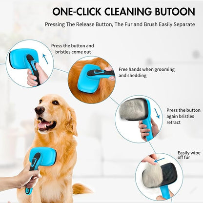 Dog Brush for Shedding, Self Cleaning Slicker Brush Ideal for Short Long Haired Dogs & Cats. Removes Loose Fur, Undercoat, Mats, Tangled Hair. Suit for Large Medium Small Animal. Blue