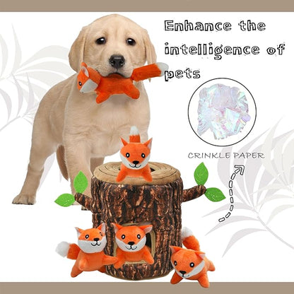 Hide and Seek Dog Toys Squeaky Fox Plush Toy with Crinkle Trunk, Interactive Dog Toy to Keep Them Busy Pet Teeth Clean Chew Toys for Small & Medium Dogs (Tree Trunk Hideout with 4 Fox)