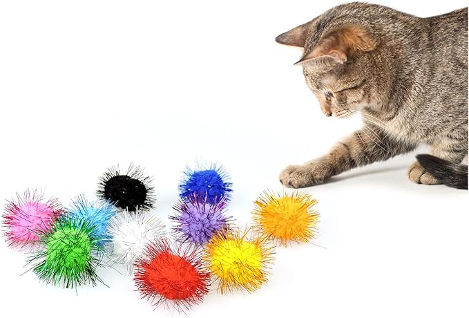 Andiker Cat Sparkle Balls - 1.5 Inches Colorful Tinsel Glitter Pom Pom Toys for Indoor Cats - Interactive and Lightweight to Keep Fit and Active (4.5cm, 20pcs)