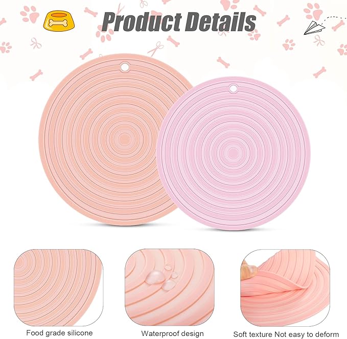 2 Pieces Silicone Pet Food Mat Pet Feeding Mat for Dog and Cat Food Bowl Placemat Preventing Food and Water Overflow Suitable for Medium and Small Pet, 9.5 x 9.5 Inch and 7.1 x 7.1 Inch (Pink)