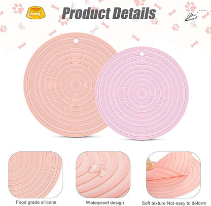 2 Pieces Silicone Pet Food Mat Pet Feeding Mat for Dog and Cat Food Bowl Placemat Preventing Food and Water Overflow Suitable for Medium and Small Pet, 9.5 x 9.5 Inch and 7.1 x 7.1 Inch (Pink)