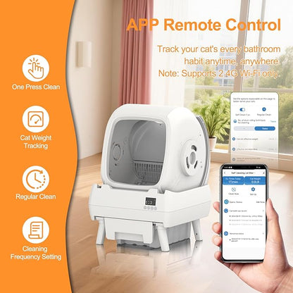 Automatic Cat Litter Box Self Cleaning - App Control, Cat Toilet Records, Suitable for Big Cats, Medium Cats, Kittens and Multi-Cat Families, Anti-Pinch, Low Noise【Assembly Required】- White