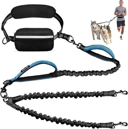 Hands Free 2 Dog Running Leash with Waist Belt, Dual Handle Elastic Bungees Retractable Rope for Small and Medium Dogs, Reflective Stitches for Walking Hiking Biking (Small Blue, 8-25lb)