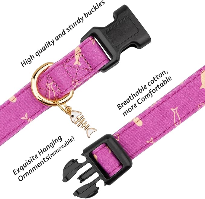 Cotton Handmade Dog Collar Cute and Distinctive Patterns Purple Fish with Pendant for Girl Boy Dogs Collars L