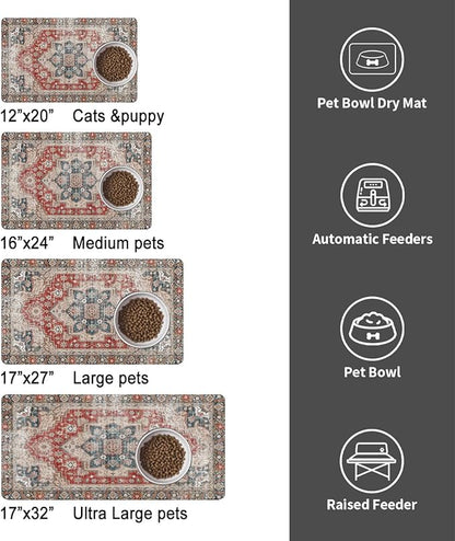 Dog Food Mats for Floors, Absorbent and Quick-Drying Pet Cat Food Mat,Anti-Fouling and Easy-to-Clean Pet Feeding Mat,Dog Bowl Mat for Messy Drinking Water Bowls.17 x27, Bohemia Style