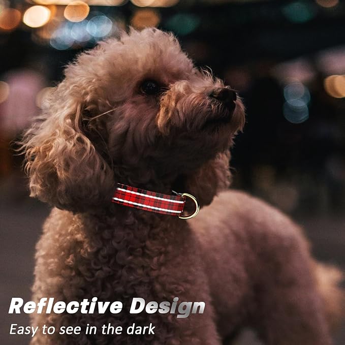 Reflective Dog Collar for Extra Small Dogs, Cute Boho Adjustable Heavy-Duty Nylon Puppy Collar for Boy and Girl Female, Soft Pet Accessories with Quick Release Buckle, Black Red Tartan