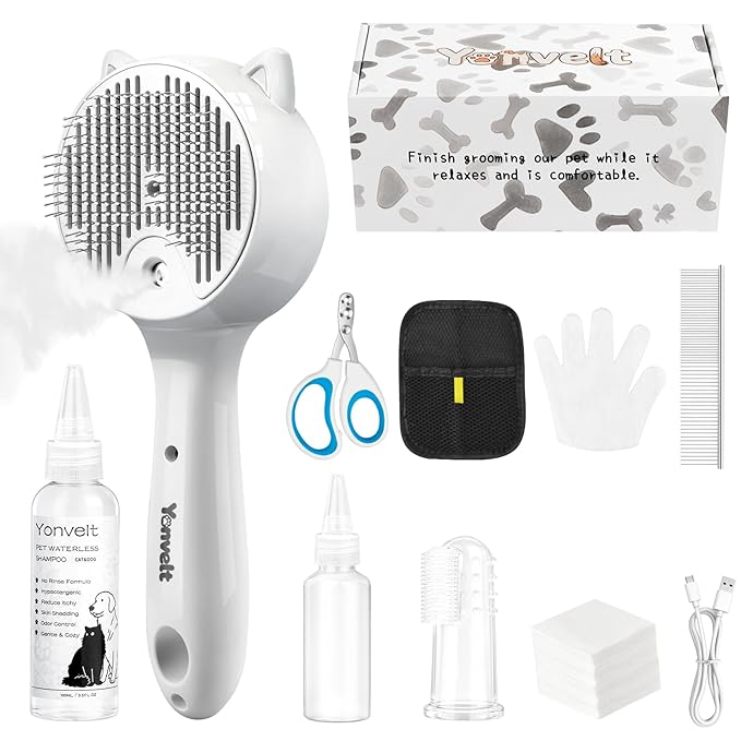 9in1 Pet Mist Spray Brush Kit for Cat & Dog, Hair Health & Grooming Set with 100ml Waterless Shampoo, Nail Clippers, Toothbrush, Comb, Eye Ear Paw Dry Wipes & Gloves, Hair Removal Glove, Gift-Set