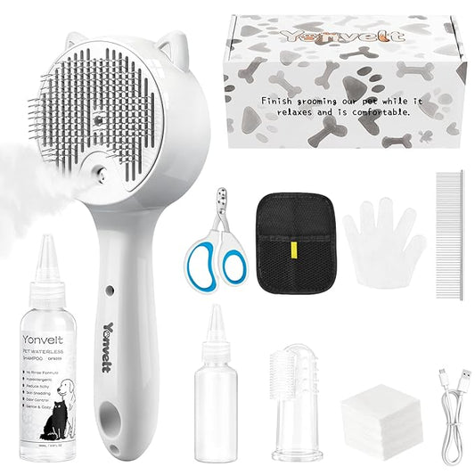 9in1 Pet Mist Spray Brush Kit for Cat & Dog, Hair Health & Grooming Set with 100ml Waterless Shampoo, Nail Clippers, Toothbrush, Comb, Eye Ear Paw Dry Wipes & Gloves, Hair Removal Glove, Gift-Set