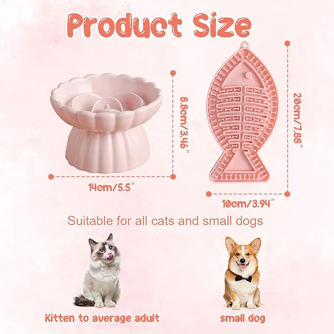 Ceramic Slow Feeder Cat Bowl 5.5inch with Lick Mat,Elevated Food Bowl for Cats and Small Dogs,Cute Flower Shape for Dry and Wet Food-Pink Bowl +Pink Lick Mat