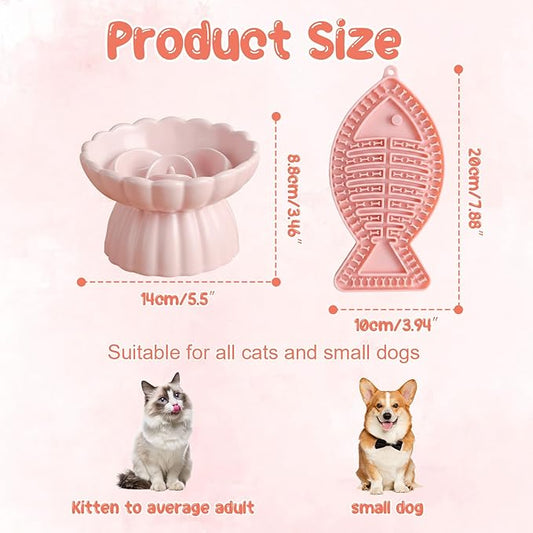Ceramic Slow Feeder Cat Bowl 5.5inch with Lick Mat,Elevated Food Bowl for Cats and Small Dogs,Cute Flower Shape for Dry and Wet Food-Pink Bowl +Pink Lick Mat
