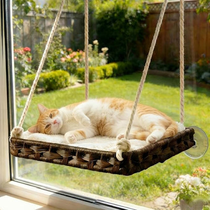 Puffluv Cat Window Perch,Large Handwoven Breathable Hammock Bed with 4 Heavy Duty Suction Cups,Removable Soft Washable Plush Cushion,Easy Install Natural Resting Spot for Indoor Cat&Kittens
