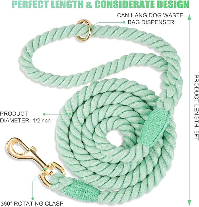 Dog Leash 5 FT Handmade Braided Cotton Rope Leashes for Small Medium and Large Dogs, New Golden Heavy Duty Metal Clasp, Light Green