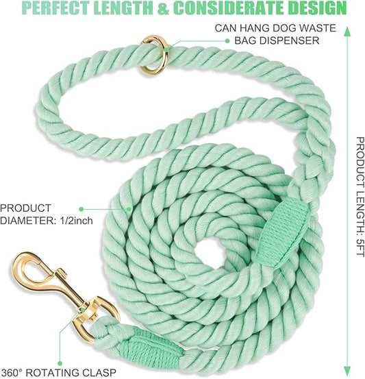 Dog Leash 5 FT Handmade Braided Cotton Rope Leashes for Small Medium and Large Dogs, New Golden Heavy Duty Metal Clasp, Light Green