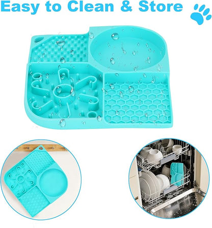 Lick Mat for Dogs, 4-in-1 Slow Feeder Bowl with Non-Slip Suction Cup, Food-Grade Silicone Lick Pads Perfect for Cat Anxiety, Fast Eating & Grooming-Aqua