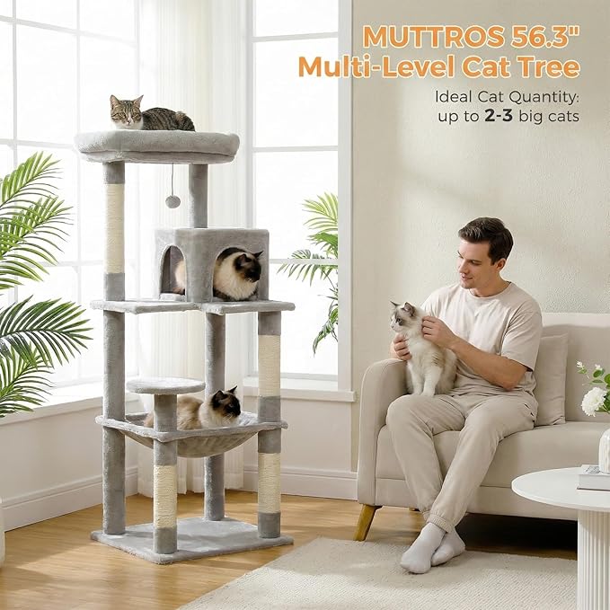 Cat Tree for Large Cats Adult with Metal Plush Big Hammock, 56.3" Cat Tower with 2 Door Condo House, 6-Tier Cat Shelves with Scratching Posts and Large Top Perch, Gray
