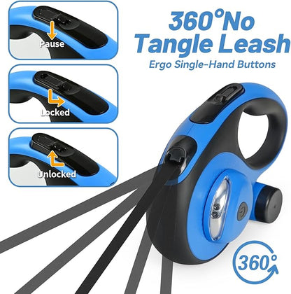 26ft Heavy Duty Retractable Dog Leash for Large Dogs, Dog Leash with Poop Bag Holder, Up to 100lbs, with LED Light, Chew Proof Cable, One-Handed Pause & Lock, 360° No Tangle. (Blue, 26Ft)