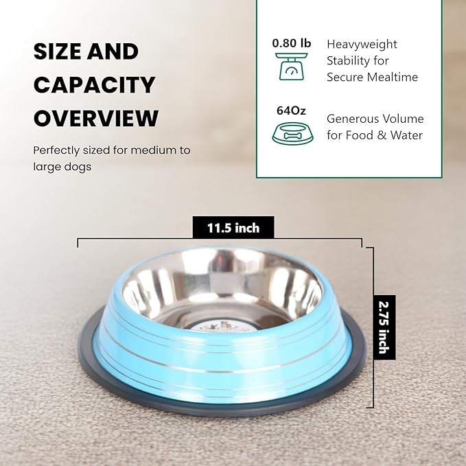 Iconic Pet Color Splash Stripe Non-Skid Stainless Steel Dog & Cat Bowl - Blue, 64 Oz, 8 Cup, Durable, Easy to Clean, Anti-Slip Feeding Dish for Food & Water, Stylish Design for Dogs and Cats