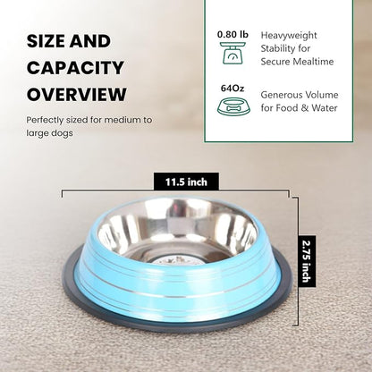 Iconic Pet Color Splash Stripe Non-Skid Stainless Steel Dog & Cat Bowl - Blue, 64 Oz, 8 Cup, Durable, Easy to Clean, Anti-Slip Feeding Dish for Food & Water, Stylish Design for Dogs and Cats
