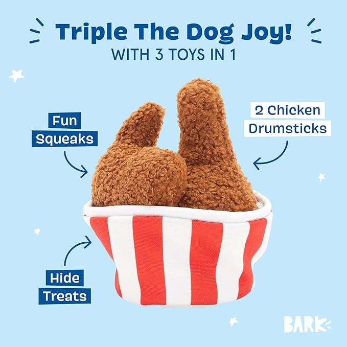 Barkbox 2 in 1 Interactive Plush Dog Toy - Rip and Reveal Toy for Dogs and Puppies - Stimulating Squeaky Pet Toys | Bucket o' Fried Licken