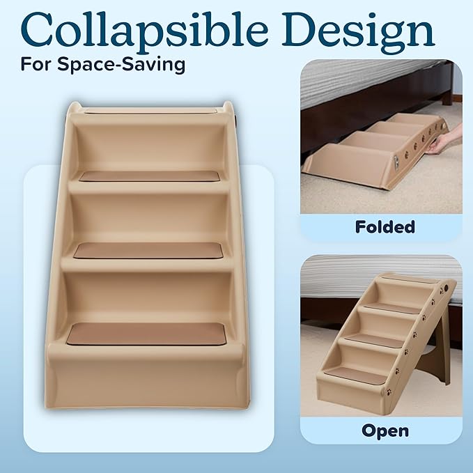 Pet Stairs - Home and Vehicle Foldable Nonslip Dog Steps with 4-Step Design - For Puppies, Kittens, and Other Small Pets by PETMAKER (Tan)