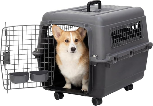 SportPet Airline Compliant MEDIUM 24.25" Travel Dog Kennel-Durable Plastic Airline Pet Carrier w/ Removable Wheels & Food Bowls, Collapsible Indoor/Outdoor Dog Kennel, Dogs up to 23"L & 15"H-Dark Gray