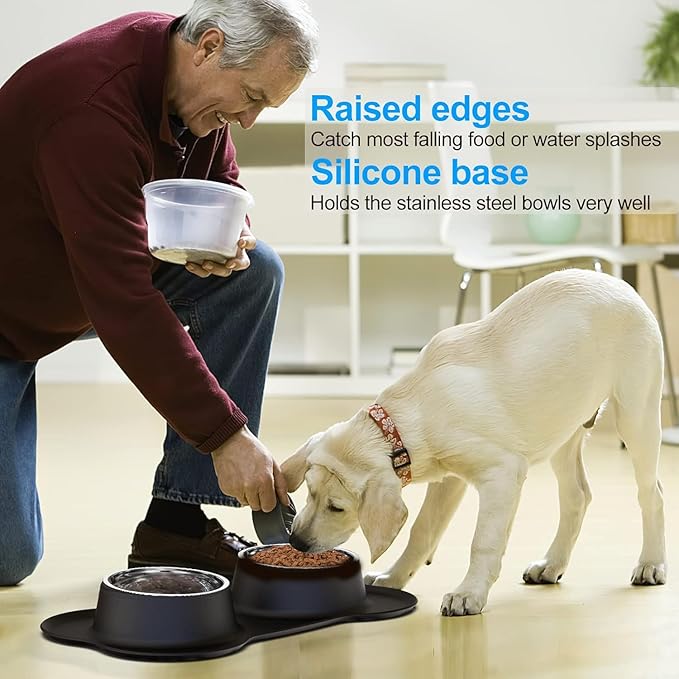 Pet Deluxe Dog Bowls Stainless Steel Dog Food Water Bowl Set with Stand, Feeding Bowls No Spill Non-Skid Silicone Mat, Dog Dishes for Small Medium Large Size Dog Puppy Pet Food Bowls, Black, 4 Cup