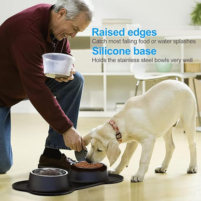 Pet Deluxe Dog Bowls Stainless Steel Dog Food Water Bowl Set with Stand, Feeding Bowls No Spill Non-Skid Silicone Mat, Dog Dishes for Small Medium Large Size Dog Puppy Pet Food Bowls, Black, 4 Cup