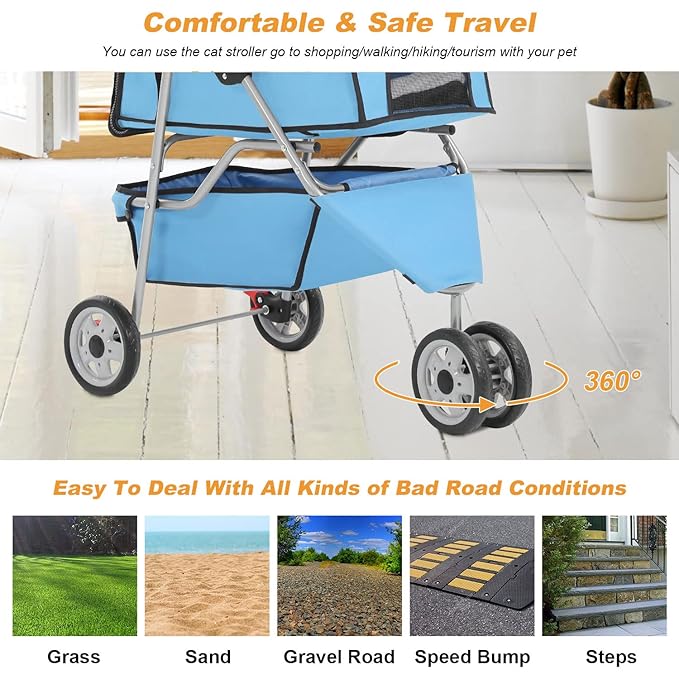 BestPet 3 Wheels Pet Stroller Dog Stroller Cat Cage Jogger Stroller Cats Travel Folding Carrier Waterproof Puppy Stroller with Cup Holder & Removable Liner,Blue