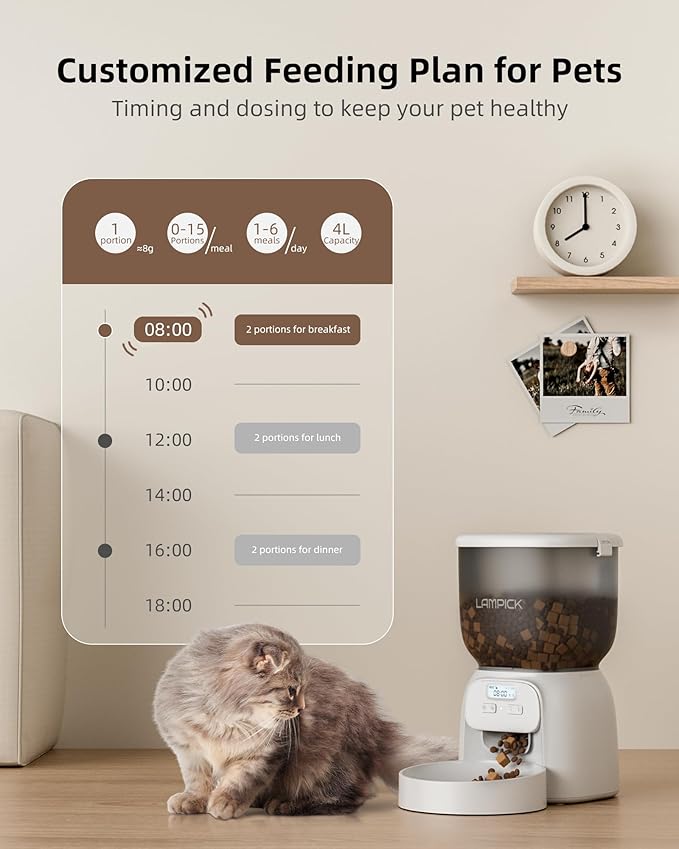 Automatic Cat Feeder, 4L Pet Food Dispenser for Cats and Small Dogs Up to 15 Portions 6 Meals Per Day