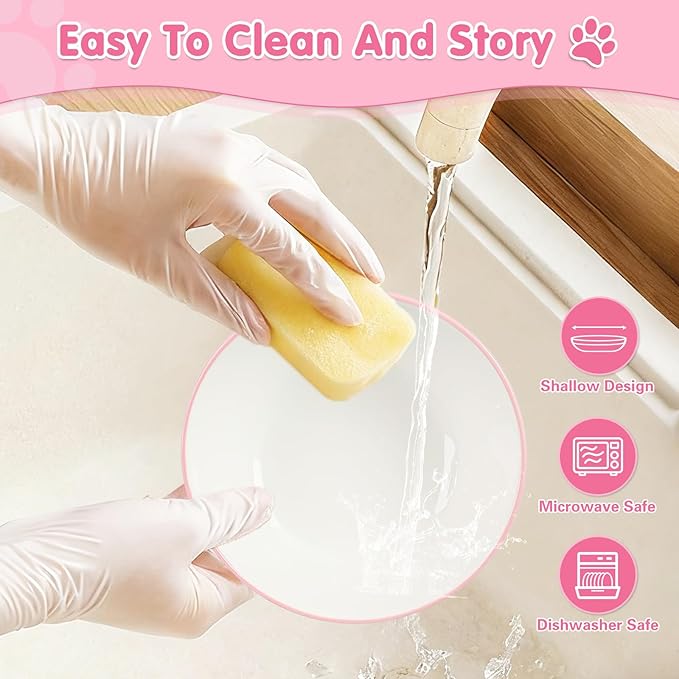 Cat Food Bowl, Ceramic Cat Bowls, Anti Whisker Fatigue Cats Bowl Set,Shallow Wide Kitten Plates for Food and Water (Pale Pink Xie)