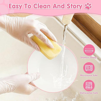 Cat Food Bowl, Ceramic Cat Bowls, Anti Whisker Fatigue Cats Bowl Set,Shallow Wide Kitten Plates for Food and Water (Pale Pink Xie)