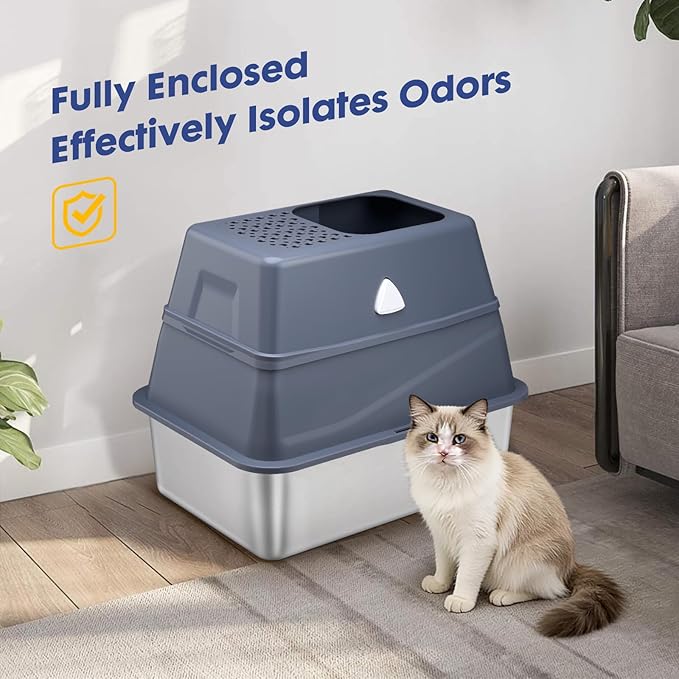 Enclosed Stainless Steel Cat Litter Box with Lid, Top Entry Design,Dog Proof,Protection for Cat Privacy, Includes Scoop, Suitable for Kitty&Medium (Grey)