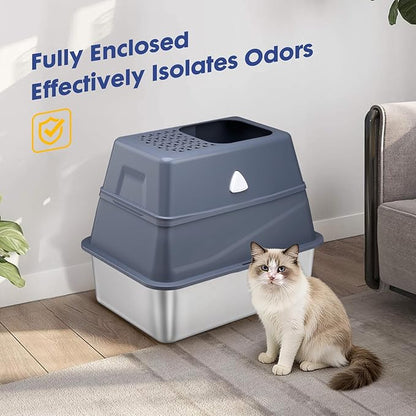 Enclosed Stainless Steel Cat Litter Box with Lid, Top Entry Design,Dog Proof,Protection for Cat Privacy, Includes Scoop, Suitable for Kitty&Medium (Grey)