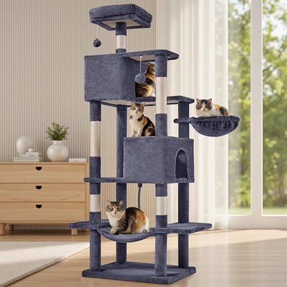 DUMOS Large 66 Inch Cat Tree Tower, Tall Multi Level Cat Climbing Tower with Natural Sisal Scratching Posts, Hammock, Pet Condo for Indoor Cats and Kittens Play, Dark Grey
