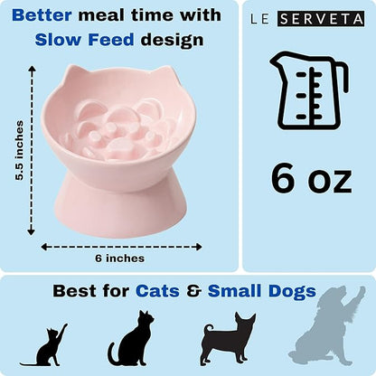 Macarons Series Ceramic Slow Feeder Cat Bowl, Raised Puzzle Feeder, Anti Vomiting Cat Slow Feeding, Elevated Food Bowl, Whisker Friendly Pet Bowl with Cute Ear Design (Pink)