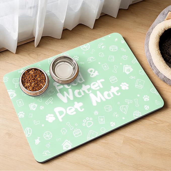 Pet Feeding Mat,Dog Cat Mat for Food and Water,Dog Bowl Waterproof Placemat with Rubber Backing,Absorbent Quick Dry Water Dispenser Mat for Pet（Green 17"×29"）