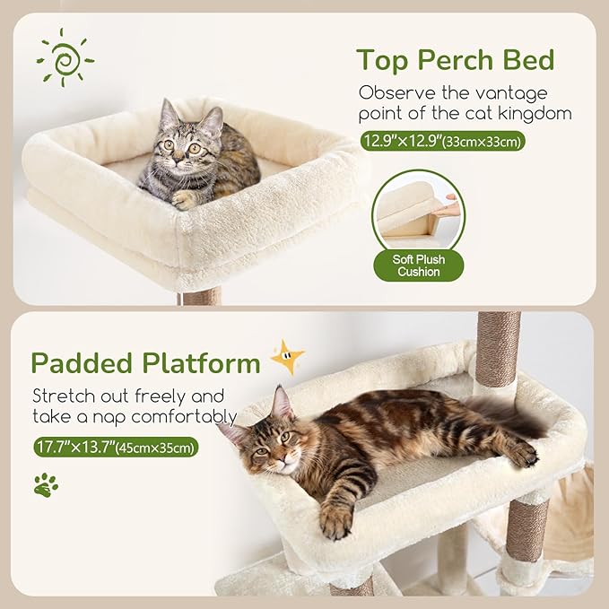 Globlazer Cat Tree Condo Tower for Multiple Indoor Cats, 52in Multi-Level Cat Scratching Tree with Cat Condos, 5 Sisal Scratching Posts, 2 Padded Perches, Big Haging Basket, Widened Base, S52, Beige