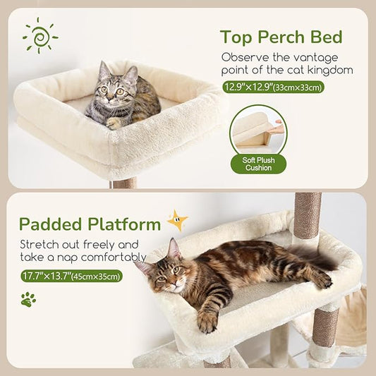 Globlazer Cat Tree Condo Tower for Multiple Indoor Cats, 52in Multi-Level Cat Scratching Tree with Cat Condos, 5 Sisal Scratching Posts, 2 Padded Perches, Big Haging Basket, Widened Base, S52, Beige