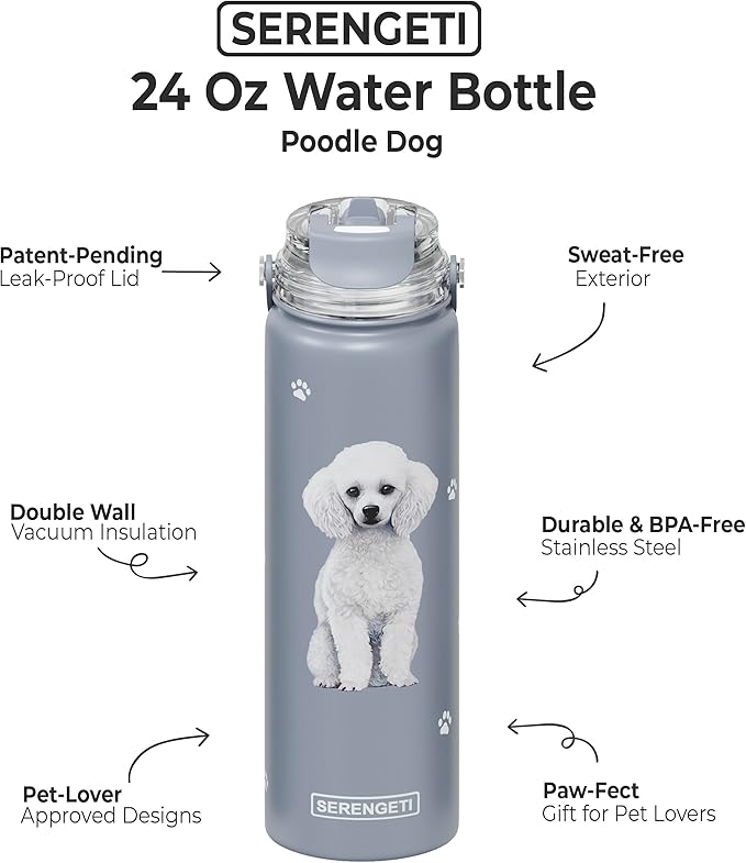 SERENGETI 24 Oz Water Bottle Stainless Steel with Spill Proof Lid - Double walled Vacuum Insulated water flask - Realistic 3D Print of your favorite dog (Poodle)