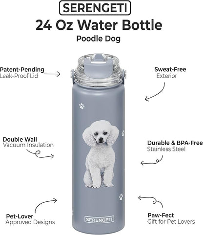 SERENGETI 24 Oz Water Bottle Stainless Steel with Spill Proof Lid - Double walled Vacuum Insulated water flask - Realistic 3D Print of your favorite dog (Poodle)